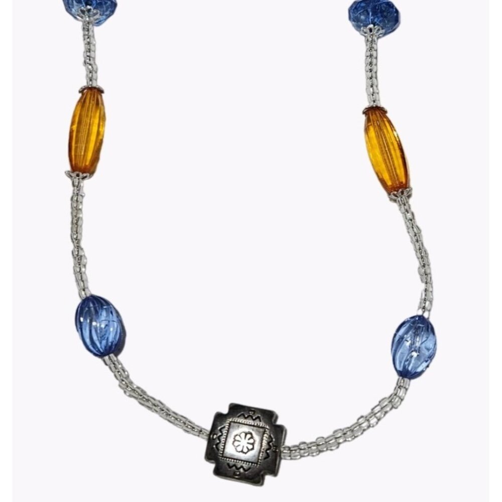 Vintage Beaded Necklace  Ornate Silver Tone Pendant Blue Orange Glass Beads